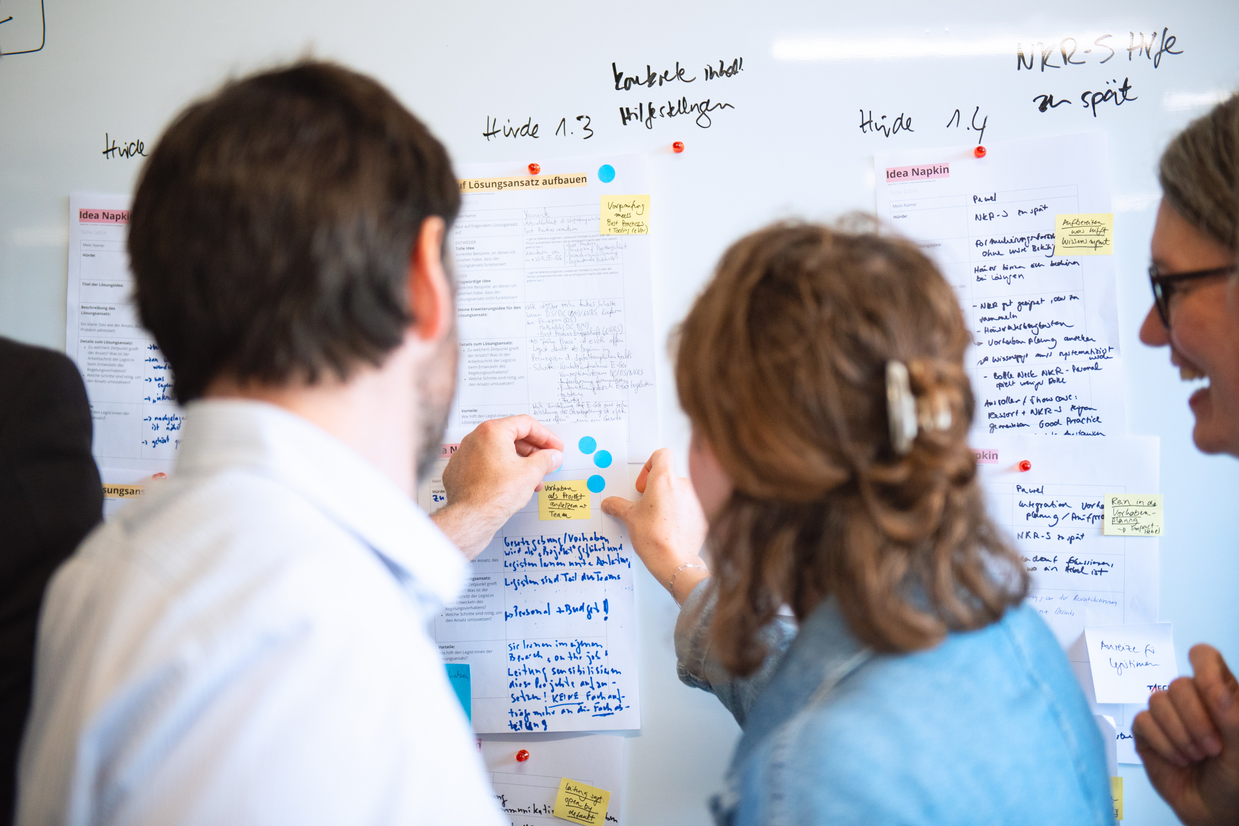 Eine Gruppe von Menschen arbeitet gemeinsam an einem Whiteboard und bringt Haftnotizen auf Vorlagen an.