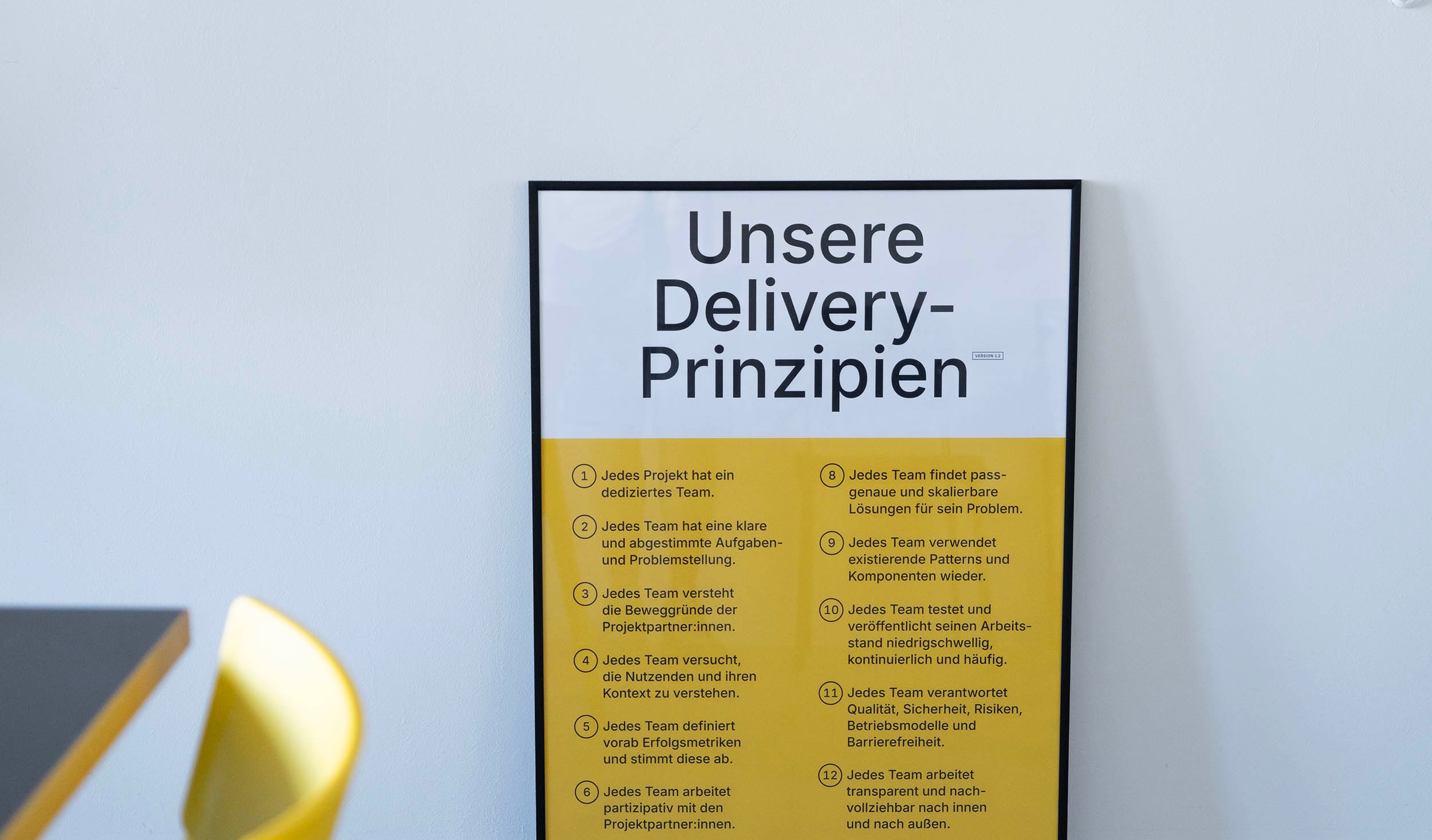 Ein gerahmtes Poster der Delivery-Prinzipien gelehnt an eine Wand; es zeigt 12 Prinzipien, die alle bis auf eines mit „Jedes Team” beginnen; an der unteren rechten Ecke verweist das Poster auf die Arbeitsweisen beschrieben auf der Webseite des DigitalService