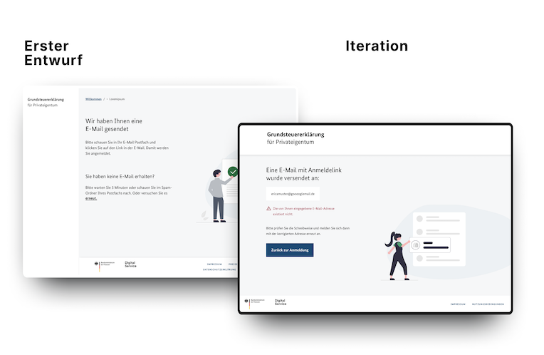 Zwei Screenshots, die die Weiterentwicklung von „Grundsteuererklärung für Privateigentum
