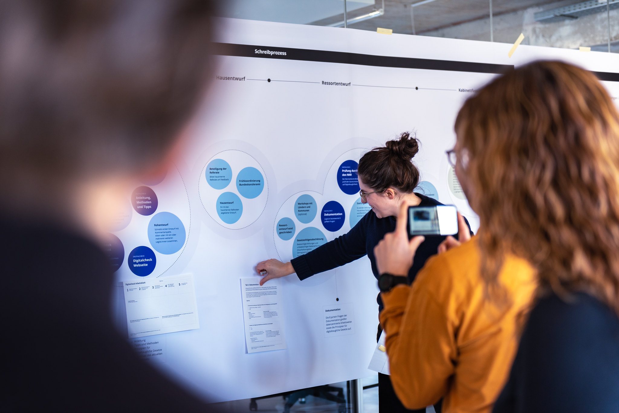Two people are standing in front of a poster. One of them takes a photo with a smartphone. The other person pins a piece of paper to the poster.