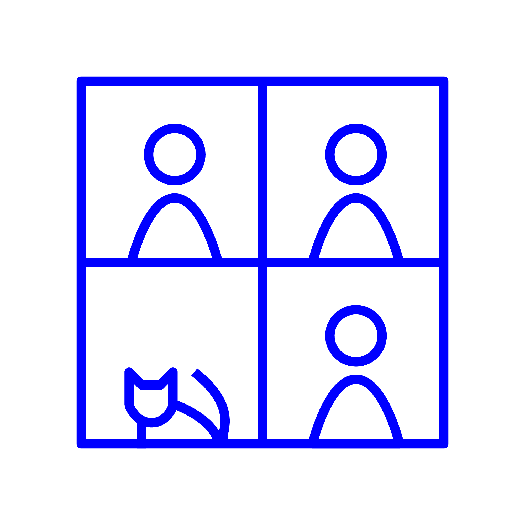 Abstract graphic representation of a screen with four tiles as a symbol for an online consultation; three of the four tiles show people, the other one shows a cat