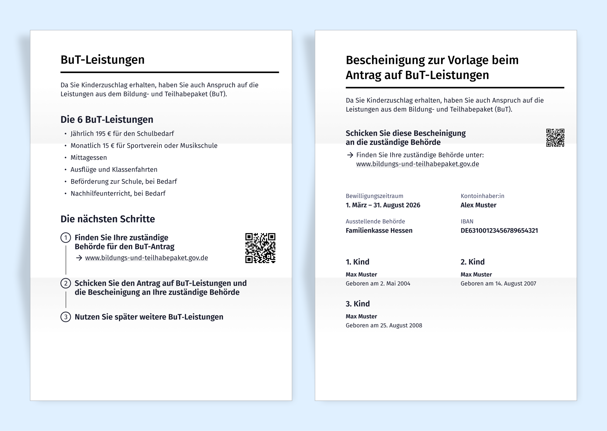 Darstellung einer überarbeiteten Bescheinigung zur Beantragung von BuT-Leistungen. Sie ist klar gegliedert, gibt einen Überblick über die BuT-Leistungen und skizziert die nächsten Schritte für die Beantragung.