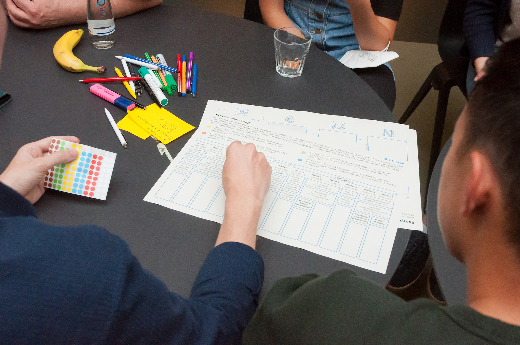 Plan liegt auf den Tisch und wird von Personen befüllt