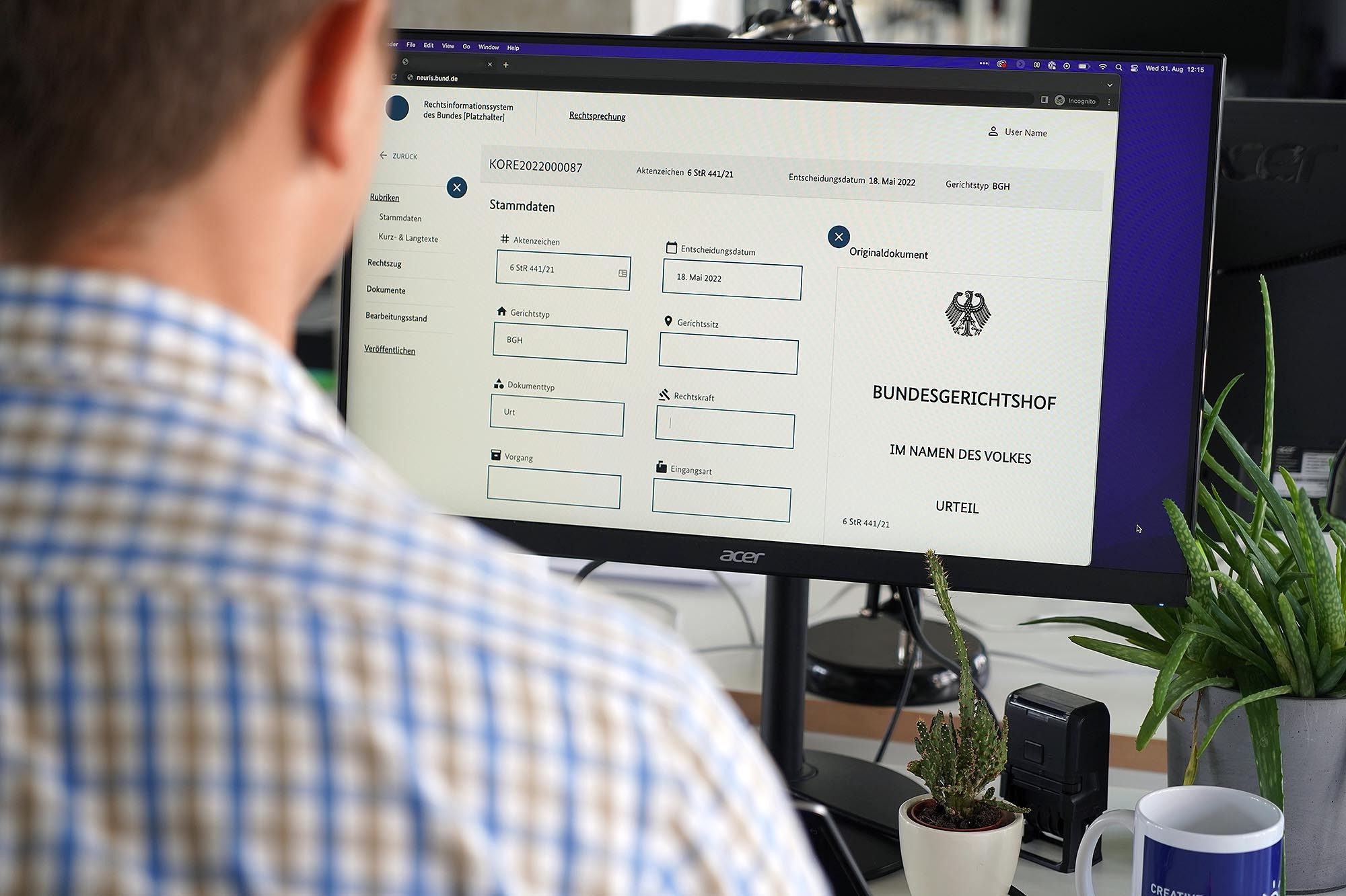 Ein Mann im Karohemd vor einem Computerbildschirm, der ein Eingabesystem mit mehreren Formularfeldern zeigt, auf der rechten Seite ist ein Dokument des Bundesgerichtshofs mit Bundesadler zu sehen.
