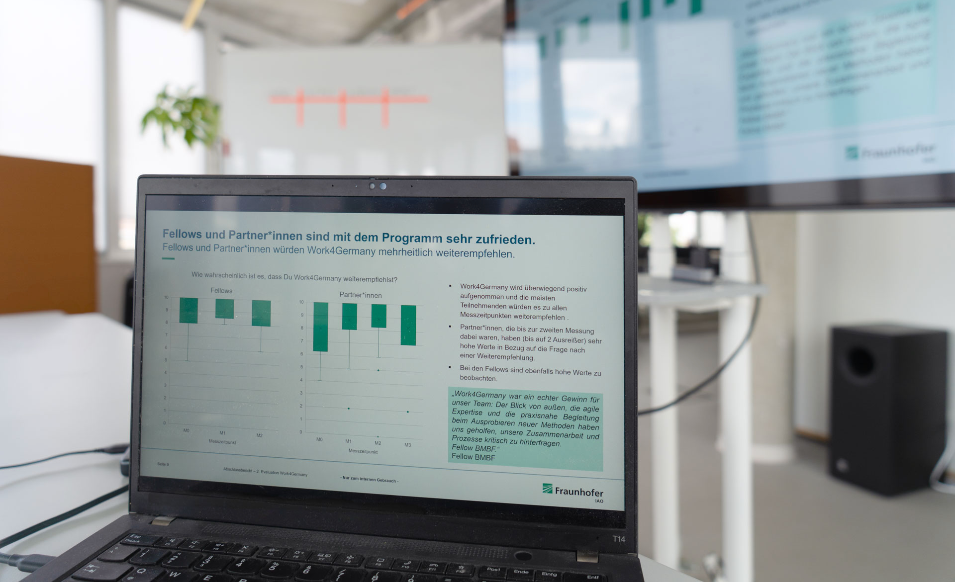 Ein aufgeklappter Laptop steht auf einem Schreibtisch, auf dem Bildschirm steht: „Fellows und Partern:innen sind mit dem Programm sehr zufrieden.“ Im Hintergrund zeigt ein Bildschirm die Grafik vergrößert an.