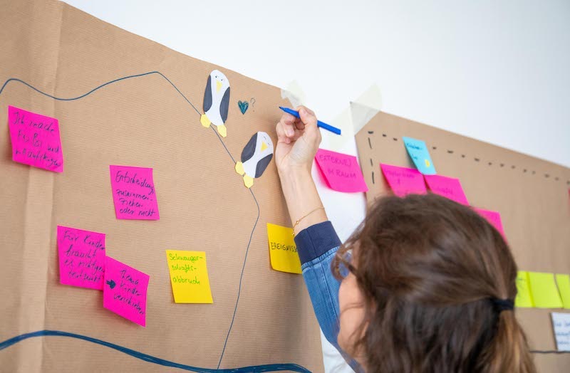 Frau arbeitet am Tech4Germany Projekt und erstellt einen Plan