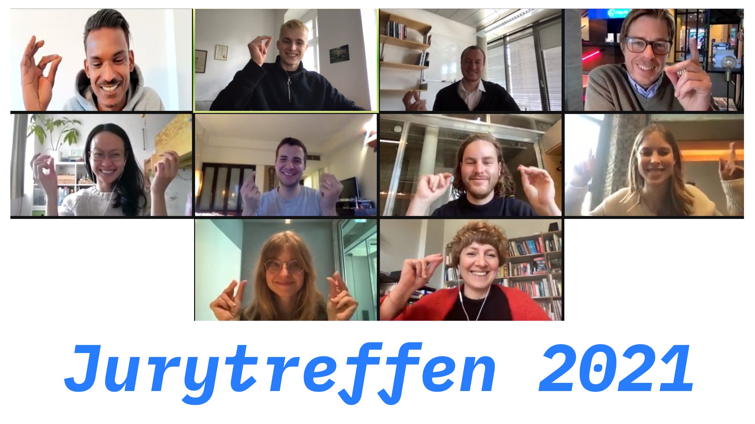 Das Jurytreffen 2021 hat digital stattgefunden. Die Jurymitglieder sind daher einzeln zu sehen in ihren jeweiligen Zoom-Fenstern. Das Bild ist nach Abschluss der Auswahl entstanden. Alle lachen und schnippen zustimmend mit den Fingern.