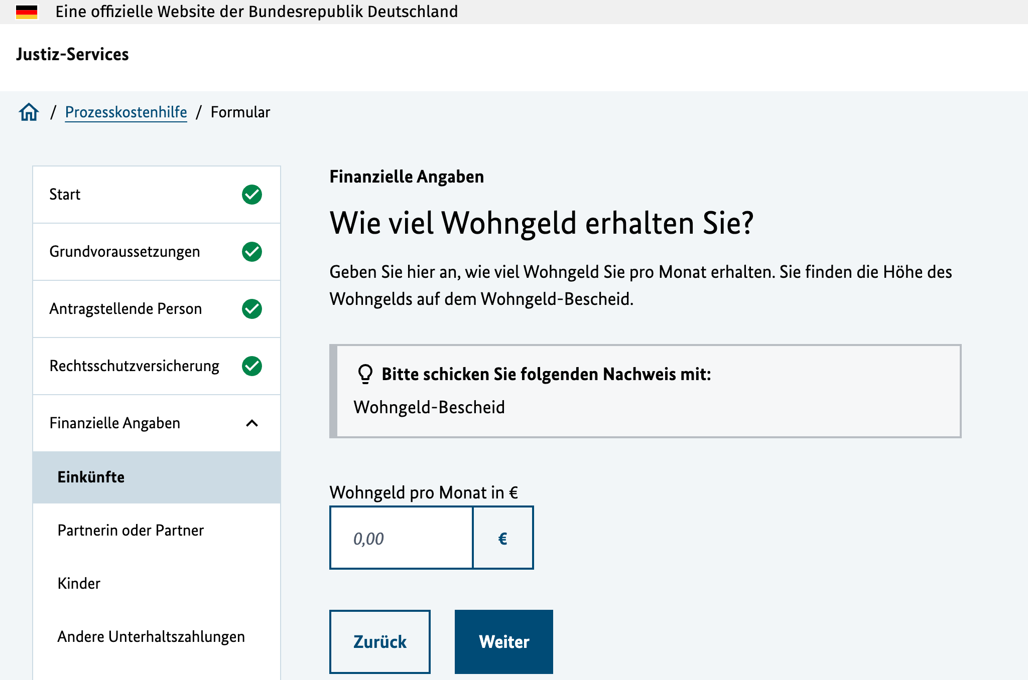 Eingabemaske des digitalen Formulars zur Prozesskostenhilfe, mit der Frage: „Wie viel Wohngeld erhalten Sie?“