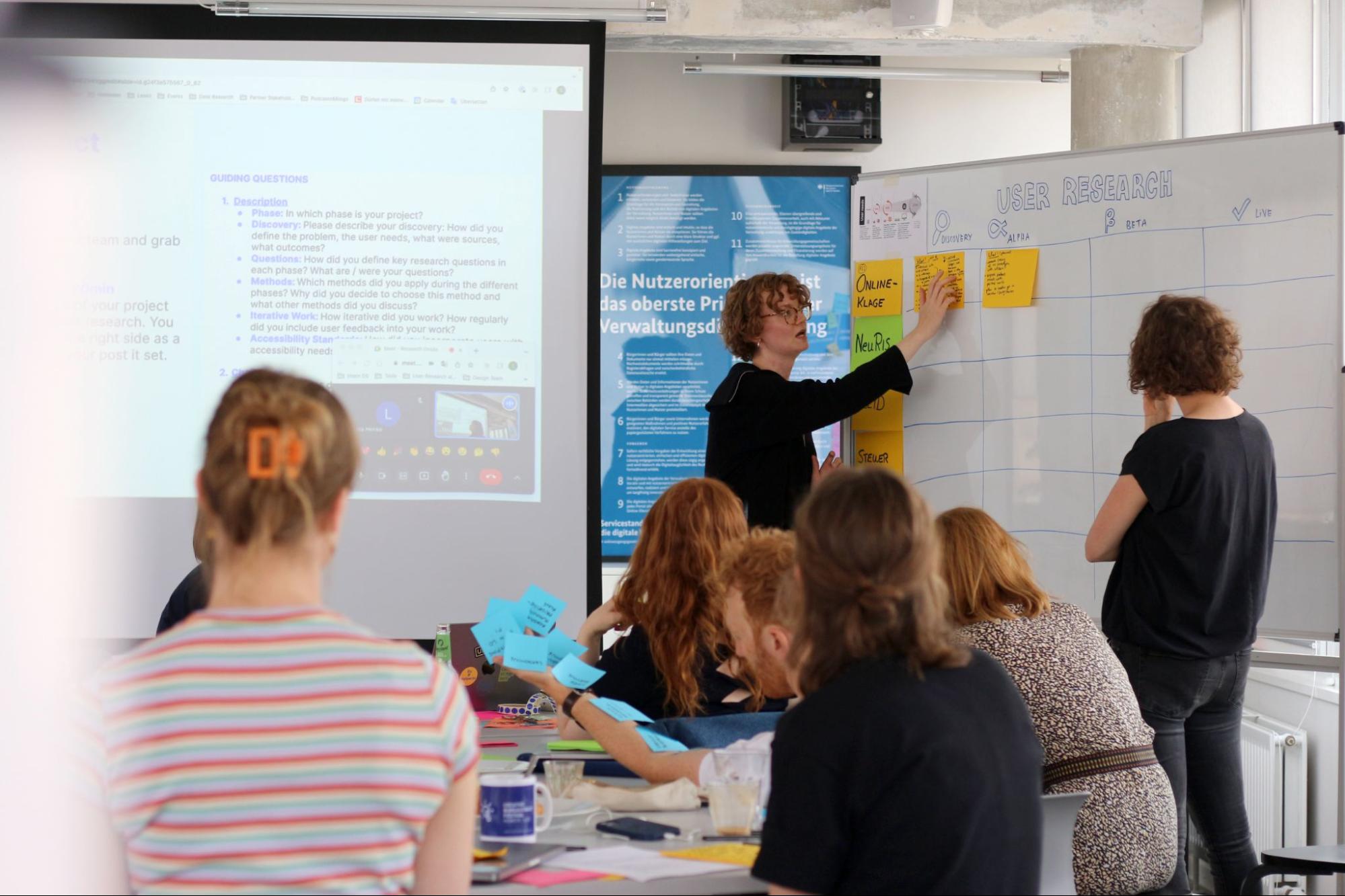 Designer:innen des DigitalService sitzen bei einem Workshop-Tag zusammen; eine Mitarbeitende klebte große bunte Notizzettel an ein Whiteboard