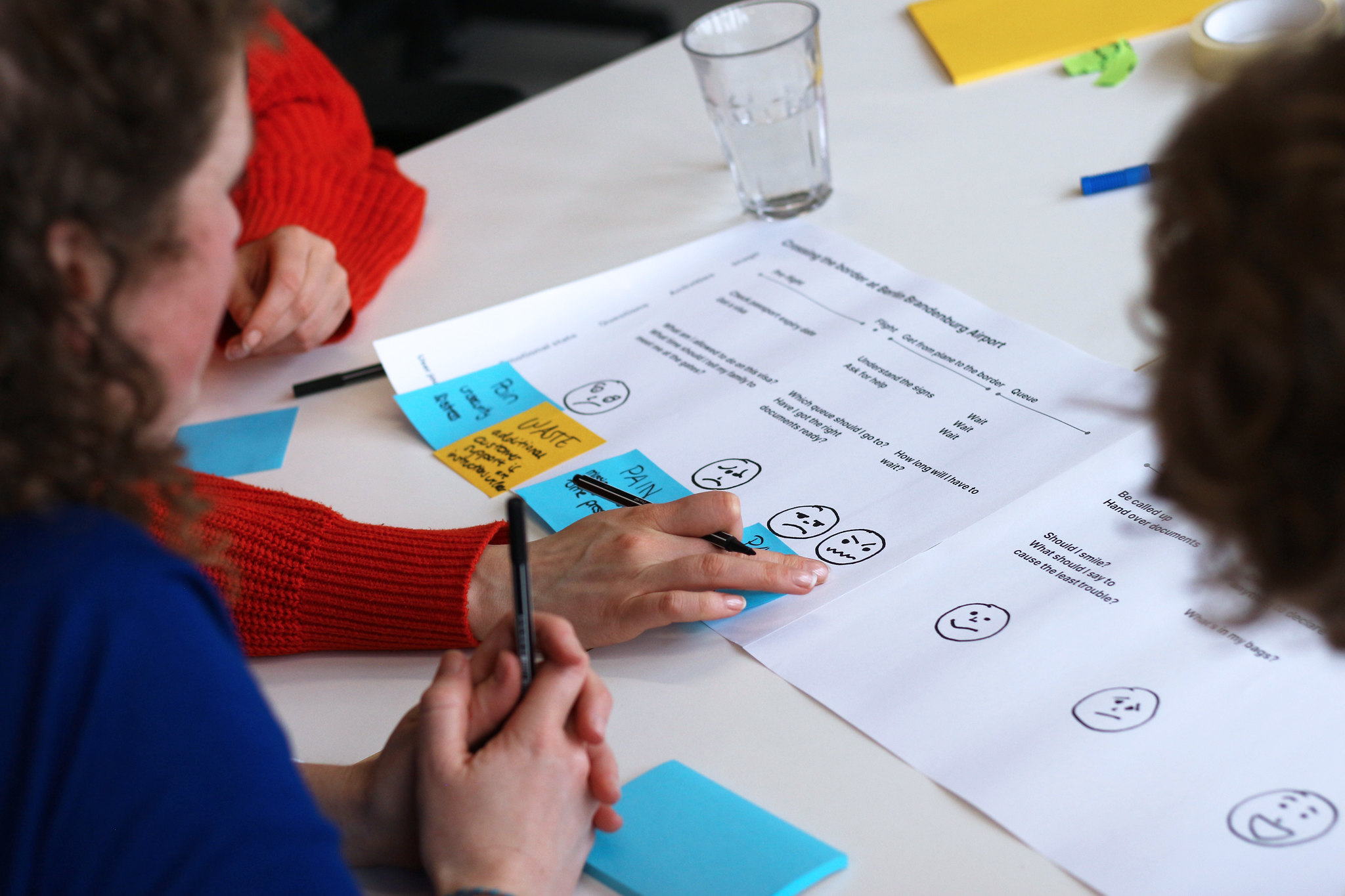 Eine Gruppe von Personen sitzt um einen Tisch. Auf dem Tisch liegen Blätter, auf denen Smileys Emotionen abbilden. Die Personen halten Stifte und Haftnotizen in der Hand, die sie auf dem Blatt befestigen.