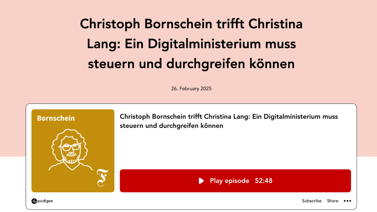 Screenshot einer Podcast-Episode mit dem Titel „Christoph Bornschein trifft Christina Lang: Ein Digitalministerium muss steuern und durchgreifen können“ vom 26. Februar 2025. Oben steht der Titel in schwarzem Text auf einem rosa Hintergrund.