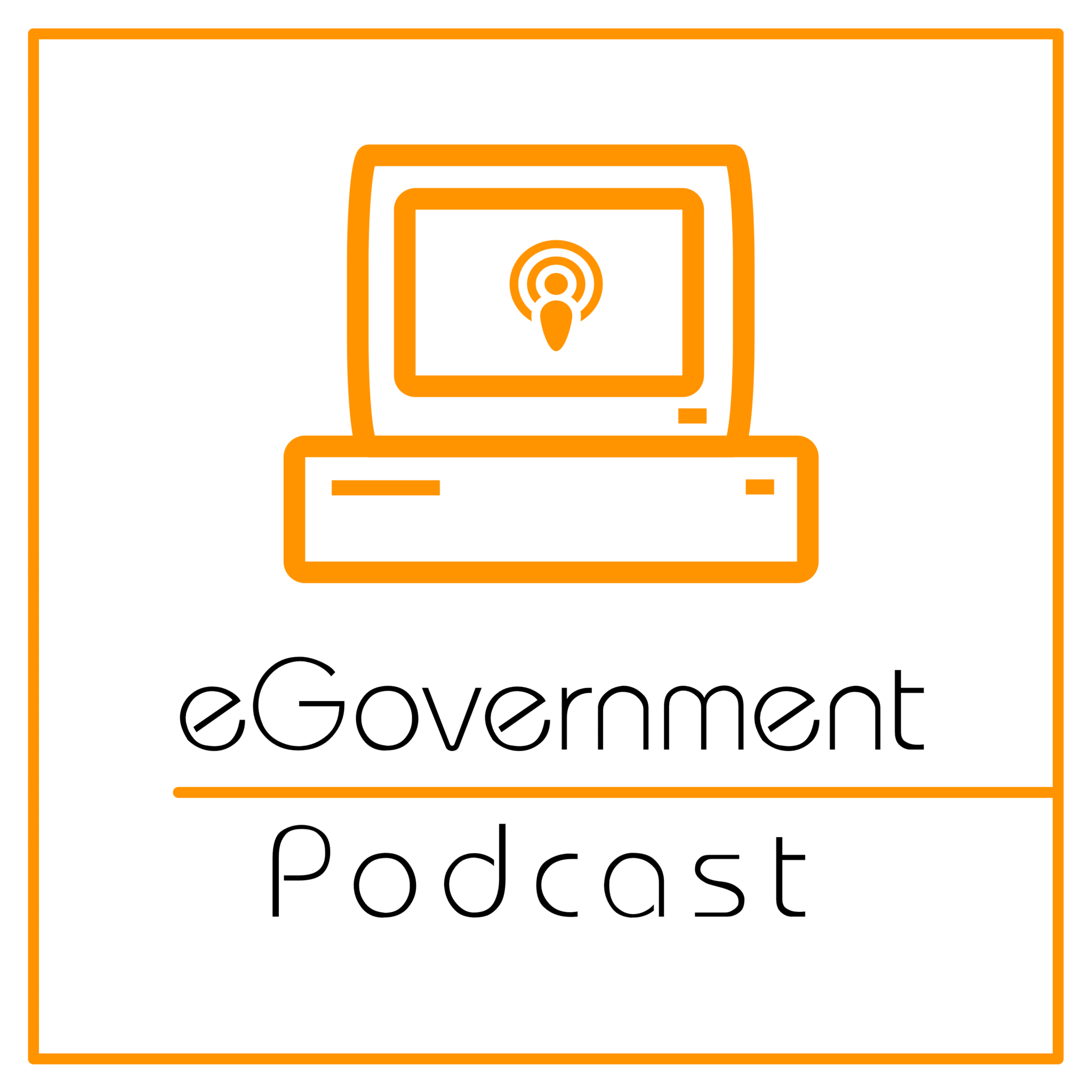 Logo des „eGovernment Podcast“. Ein Computer mit einer ausgeführten Aktion auf dem Bildschirm