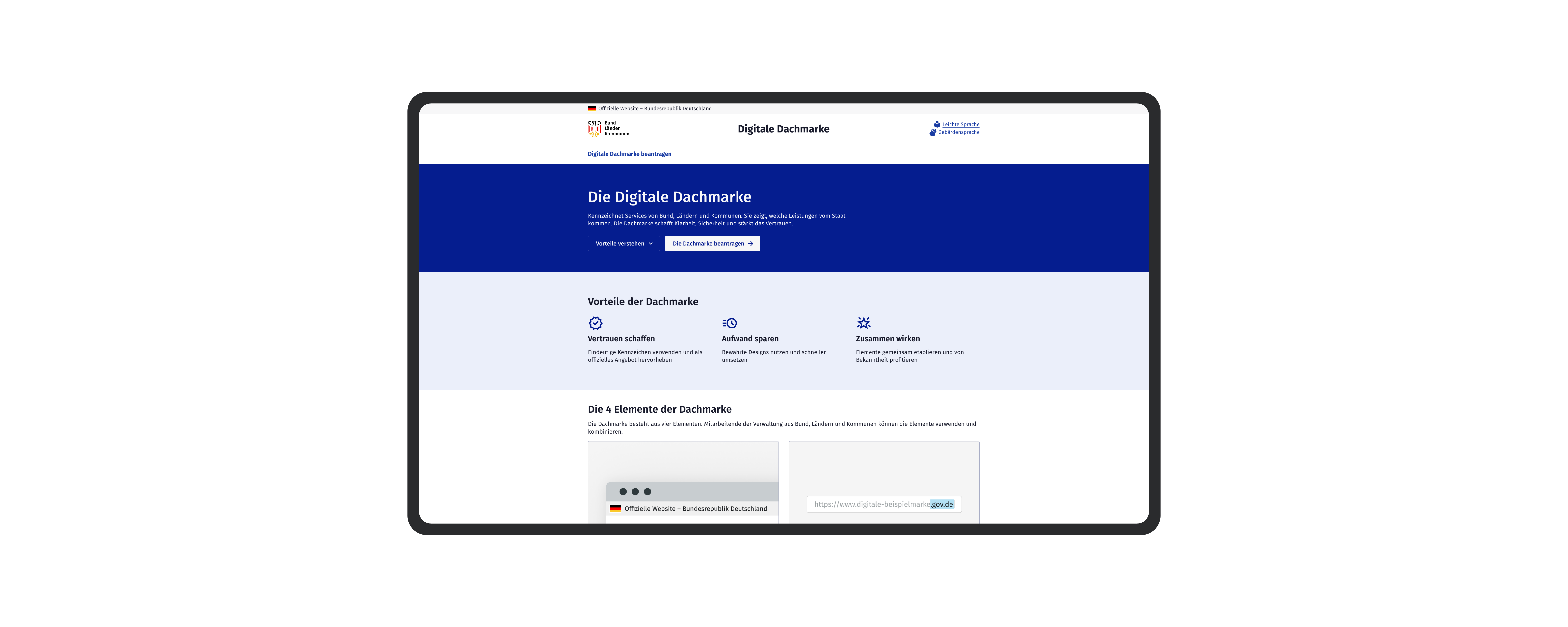 Screenshot der Website der „Digitalen Dachmarke“ auf einem Mock-up eines Bildschirms