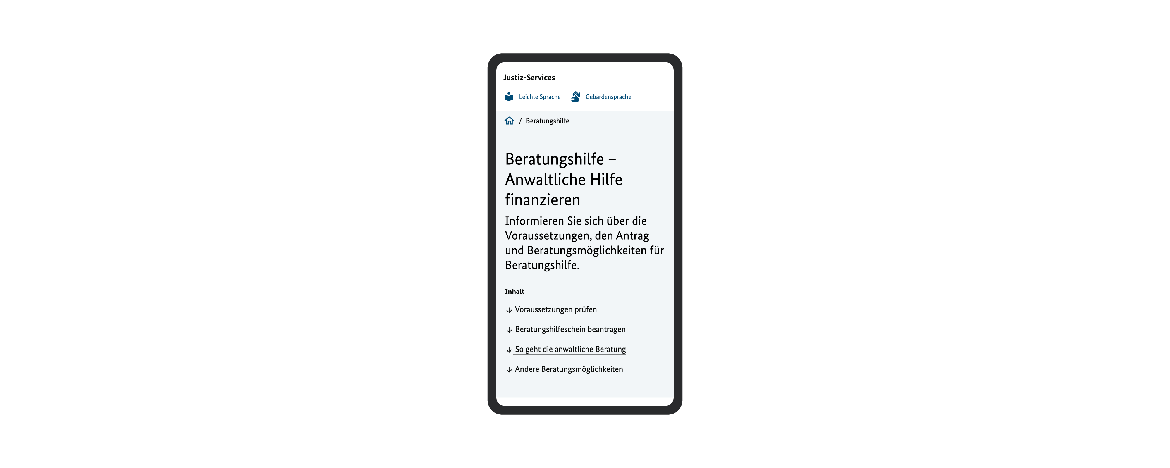 The graphic shows a website from service.justiz.de with the title “Beratungshilfe - Anwaltliche Hilfe finanzieren”. Below it is a note that you can find out about the requirements, the application and advice options for legal aid. There are several links, including “Check requirements”, “Apply for legal aid”, “This is how legal advice works” and “Other advice options”. At the top of the screen there are additional options for “Easy language” and “Sign language”.