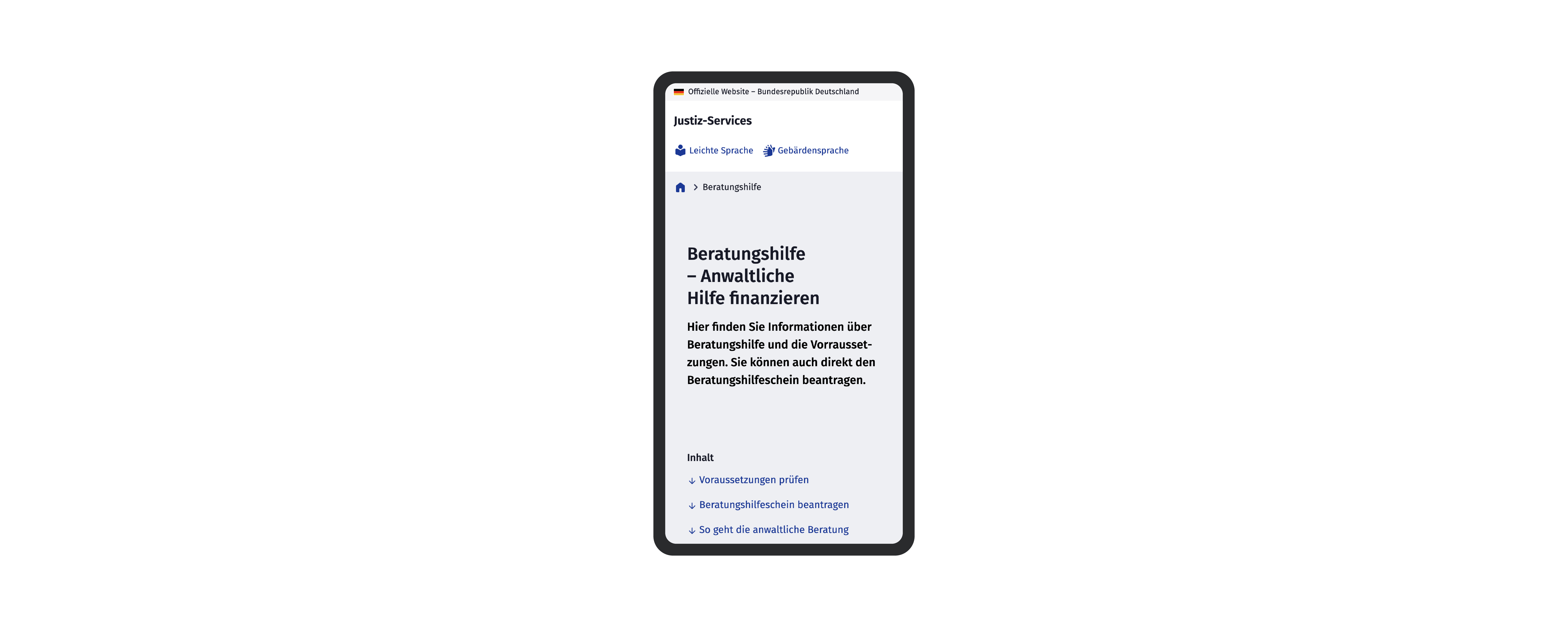 Screenshot auf einem Smartphone, der eine Unterseite der offiziellen deutschen Website service.justiz.de zeigt. Der Haupttitel lautet „Beratungshilfe – Anwaltliche Hilfe finanzieren“ mit Informationen und Links zur Beantragung eines Beratungshilfescheins.