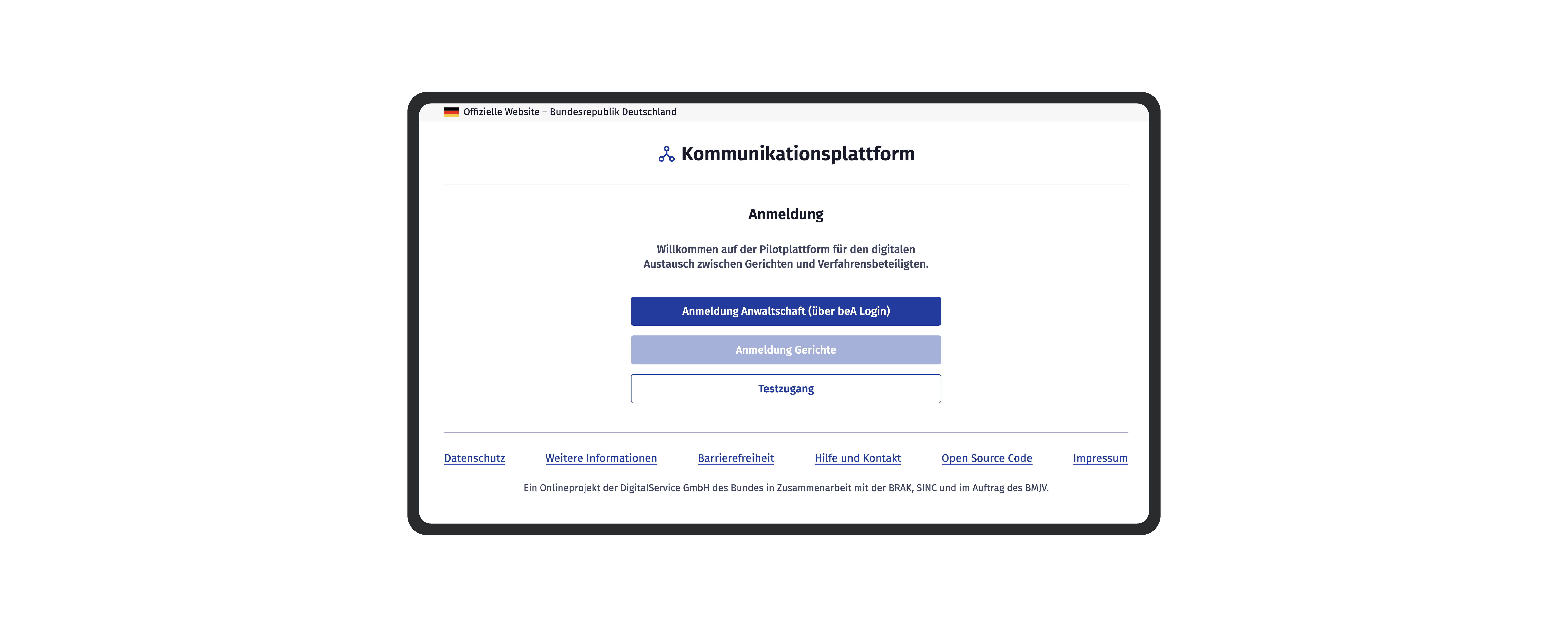 Screenshot der Anmeldeseite einer deutschen Regierungs-„Kommunikationsplattform“ für den digitalen Austausch zwischen Gerichten und Verfahrensbeteiligten. Zu sehen sind drei Schaltflächen: „Anmeldung Anwaltschaft (über beA Login)“, „Anmeldung Gerichte“ und „Testzugang“.