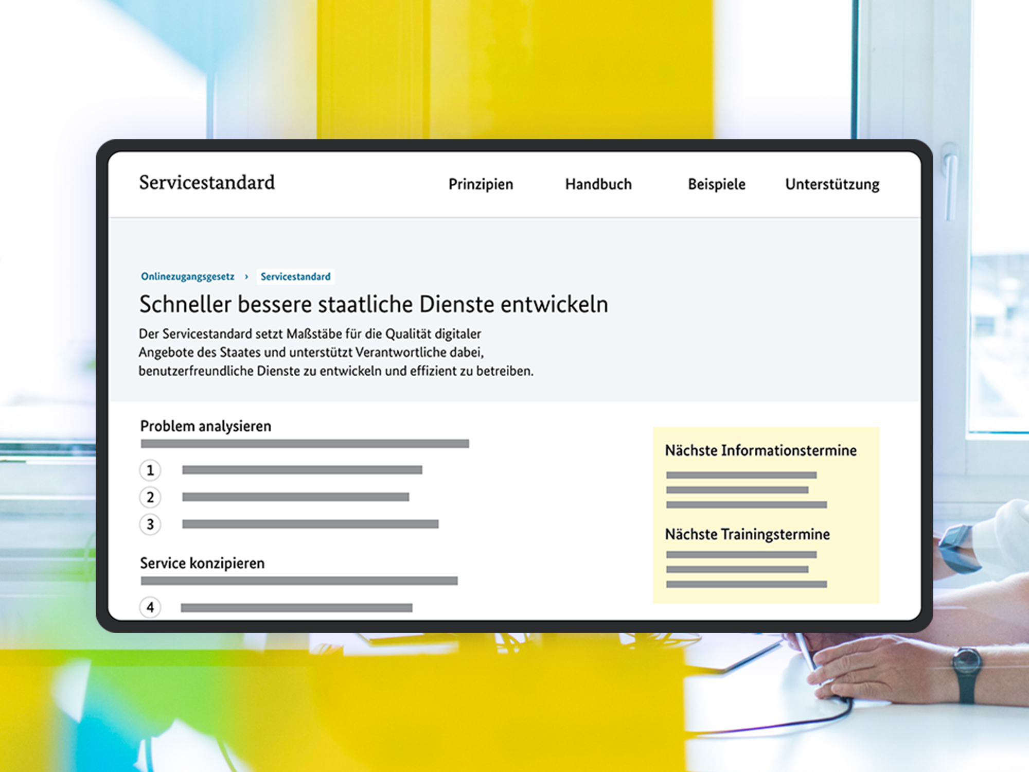 Ein Mock-Up des Projektes „Servicestandard“. Der Titel lautet „Schneller bessere staatliche Dienste entwickeln.“