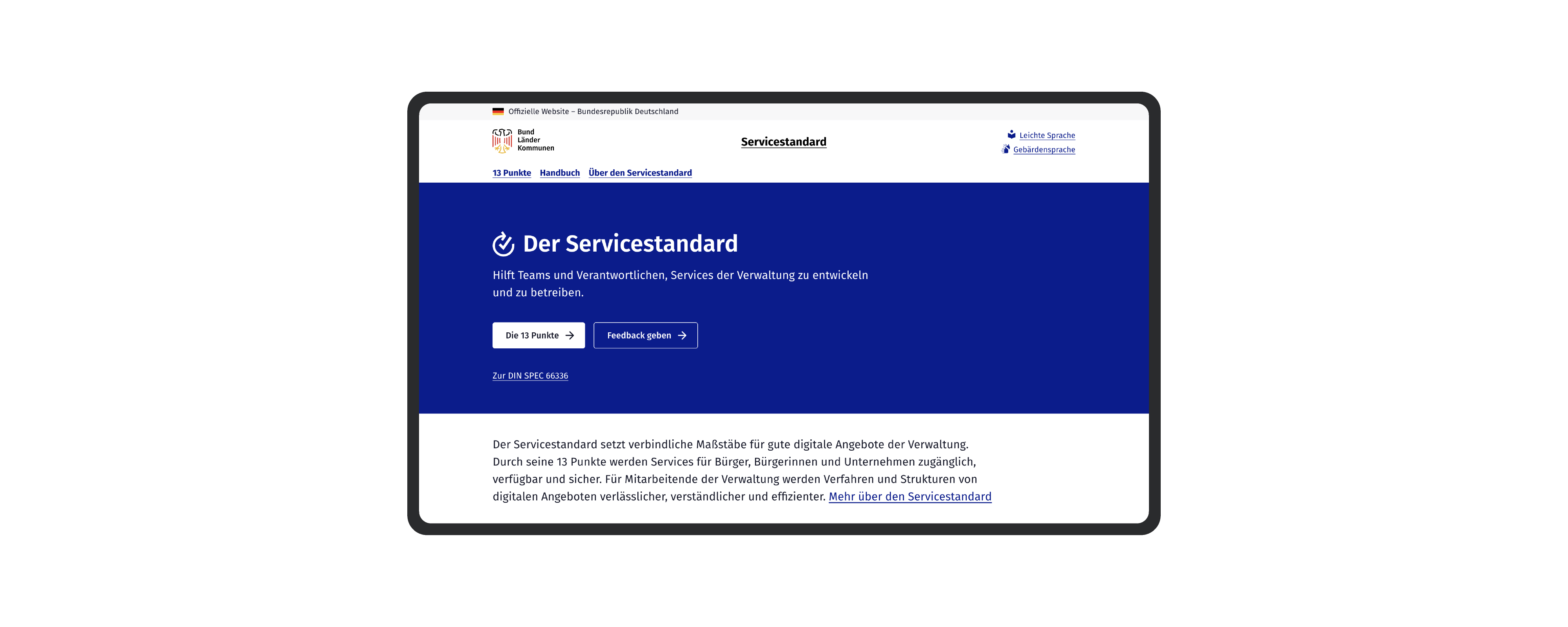 Ein Screenshot der aktuellen Beta-Version der Servicestandard Website