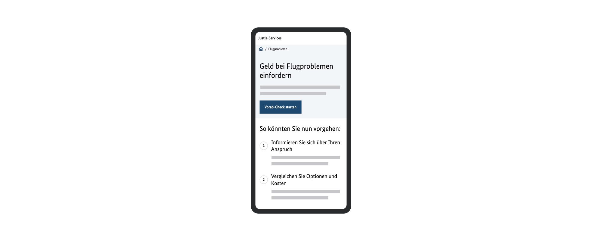 A mock-up for an online civil court procedure on a smartphone shows the section “Claiming money for flight problems”.