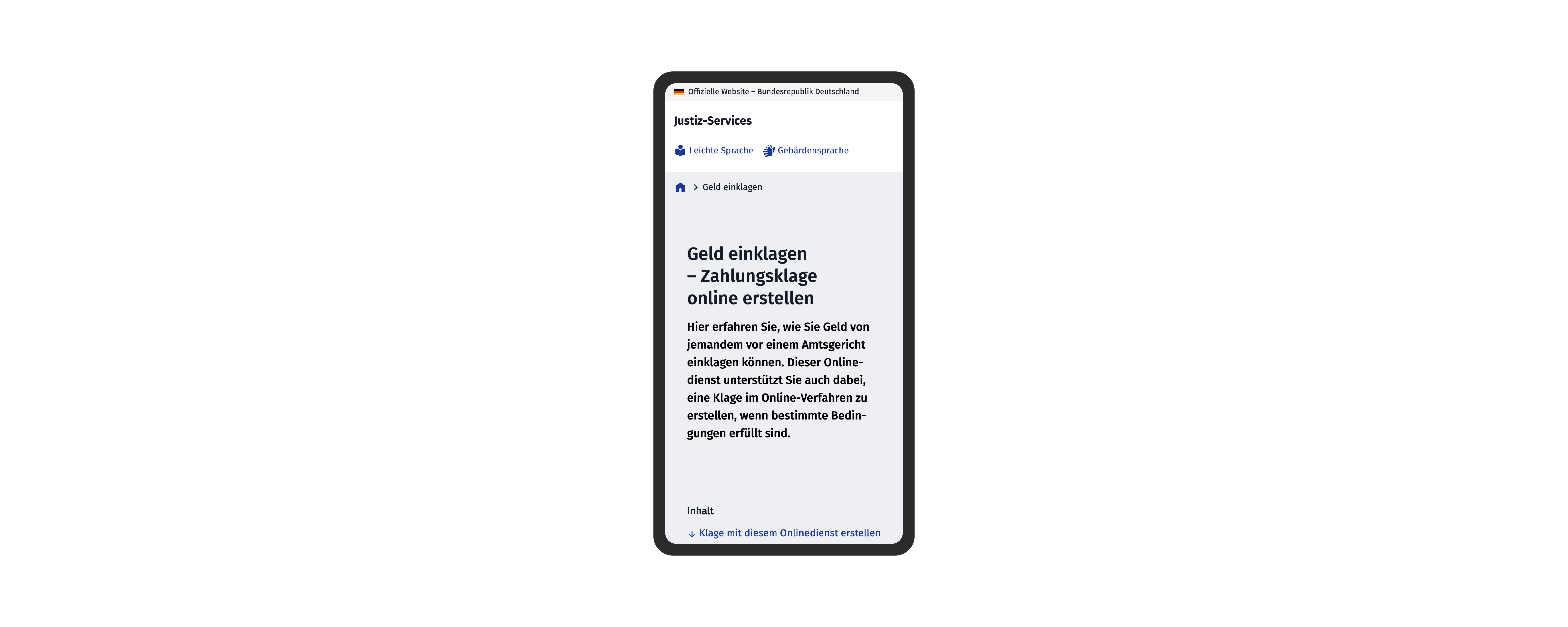 Screenshot auf einem Smartphone, der eine Unterseite der offiziellen deutschen „Justiz-Services“ zeigt. Der Haupttitel lautet „Geld einklagen – Zahlungsklage online erstellen“ mit einem kurzen Erklärungstext zur Online-Klageerstellung vor dem Amtsgericht.